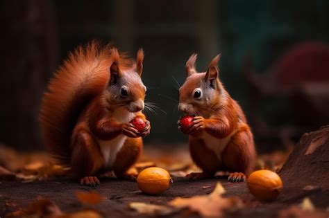 Premium AI Image | Two squirrels eating fruit and one of them is eating a nut.