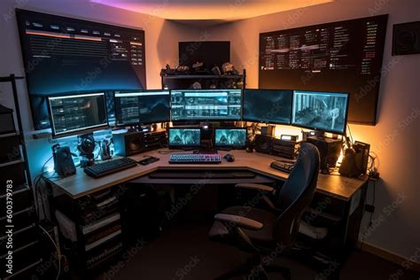 Streamer gamer desktop setup with computers headphones and camera, generative ai Stock ...