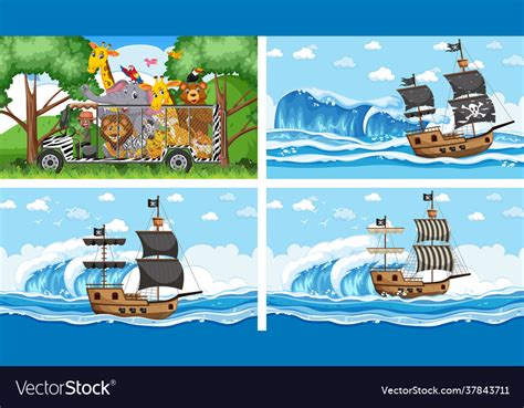 Set different scenes with pirate ship Royalty Free Vector