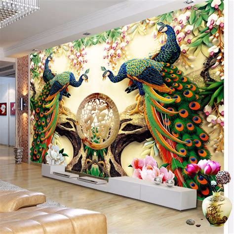 Custom 3D Wall Mural Wallpaper 3D Non-woven Peacock Living Room TV Background Large Wall ...