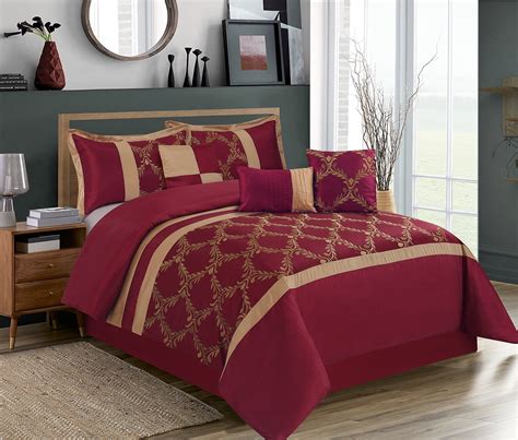 Buy HIG 7 Piece Burgundy and Gold Faux Silk Fabric Embroideried Bedding Set, King Online at ...