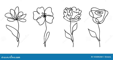 Vector Set of One Line Drawing Abstract Flowers. Hand Drawn Modern ...