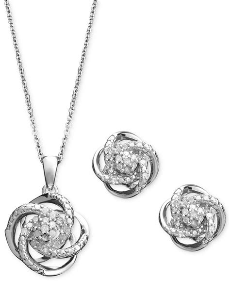 Macy's Diamond Jewelry Set, Sterling Silver Diamond Knot Pendant and Earrings Set (1/4 ct. t.w ...