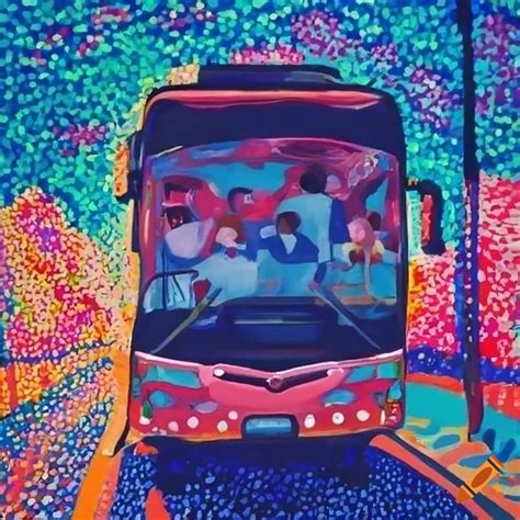 Impressionist pointillism style of a bus interior with passengers
