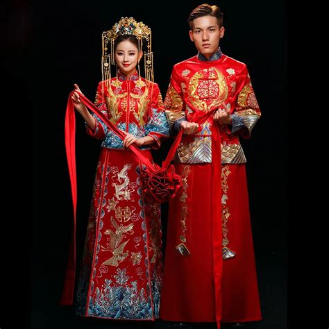 Red Chinese style wedding married dress dragon and phoenix loading men ...