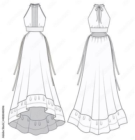 Women Long Dress technical drawing template. Girls Sleeveless Dress ...