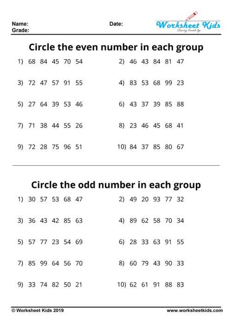 Odd and even numbers worksheets - Free printable PDF