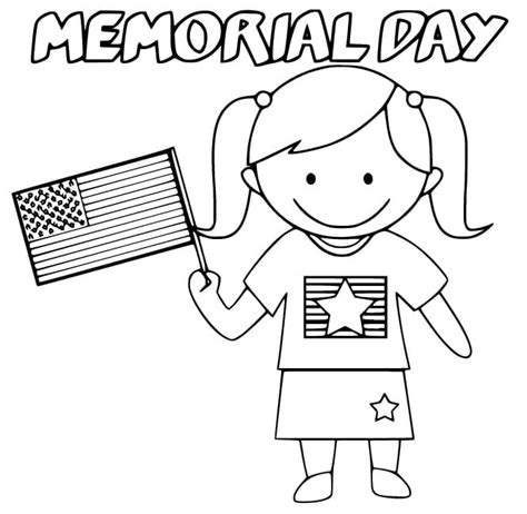 Little Girl with Flag on Memorial Day coloring page - Download, Print or Color Online for Free