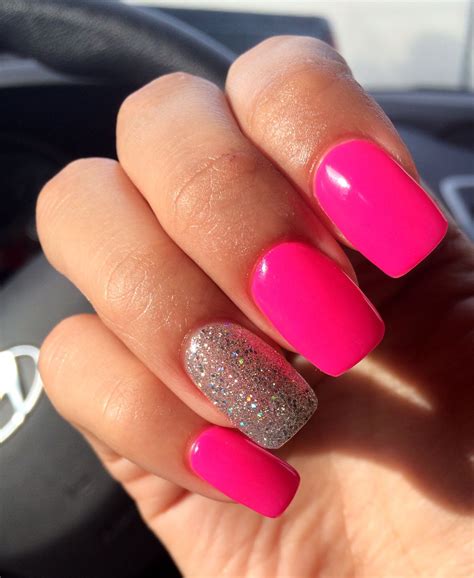 Acrylic Nails - Hot Pink Gel with Silver Clear Glitter | Pink acrylic nails, Pink glitter nails ...