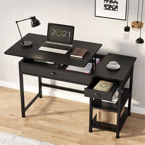 17 Stories Lift Top Computer Desk With Drawers, 47 Inch Writing Desk With Storage Shelves ...