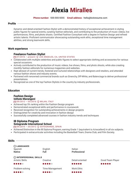 Fashion Stylist Resume Example | Kickresume