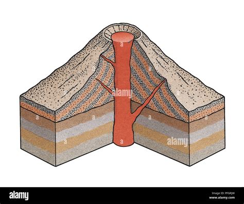 Artwork cross-section diagram of a volcano showing the vent, magma ...