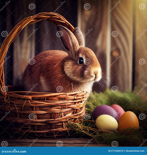 Fluffy Easter Bunny with a Basket of Festive Easter Eggs - AI Generated ...