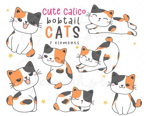 Cat Clipart Set, Cute Calico Cat Png, Digital Clip Art With Japanese ...