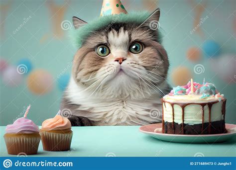 A Funny Cat in a Festive Hat Near Birthday Cake with a Burning Candle ...