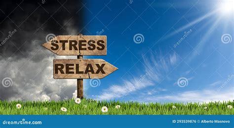 Two Wooden Directional Signs with Text Relax and Stress Stock Photo - Image of wood, relief ...