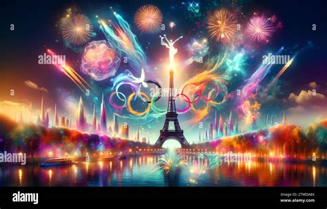 Celebration of the 2024 Olympics in Paris with vivid fireworks and the Eiffel Tower Stock Photo ...