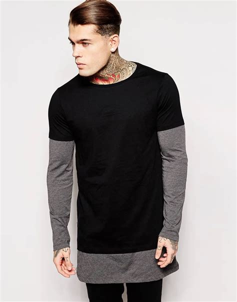 Plus Size longline long sleeve t shirt extra length t shirt solid tall tee men tshirt with ...