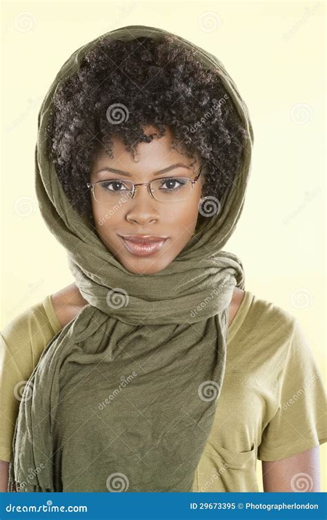 Portrait of a Smart African American Woman Wearing Glasses with Stole Over Her Head Stock Image ...