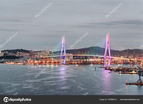 Wonderful view of Busan Harbor Bridge and the Port of Busan Stock Photo ...