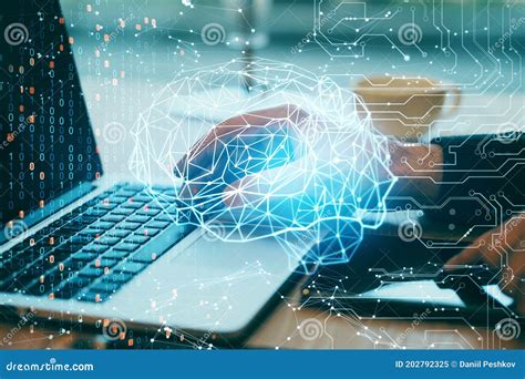 Hands Using Laptop with Digital Brain Interface Stock Illustration ...