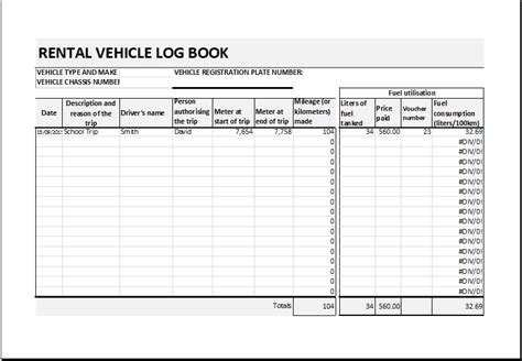 Rental Vehicle Logbook Template for Excel | Excel Templates