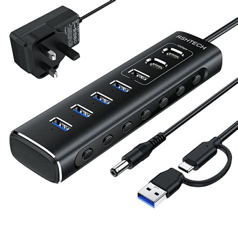 Powered USB Hub 7-Port USB 3.2/USB C Hub with 10Gbps USB-A 3.2, 2 USB-C ...