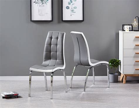 Set of 2 Grey Faux Leather Chrome Sturdy Legs Dining Chair Home Modern Kitchen | eBay