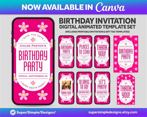 Pretty Pink Flowers Birthday Party Invitation Canva Evite Set - Etsy UK | Candy birthday party ...