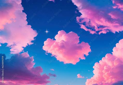 Pink clouds and star blue sky cute aesthetic wallpaper. Generative AI ...