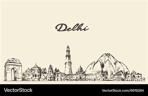 Delhi skyline hand drawn Royalty Free Vector Image