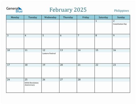 February 2025 - Philippines Monthly Calendar with Holidays