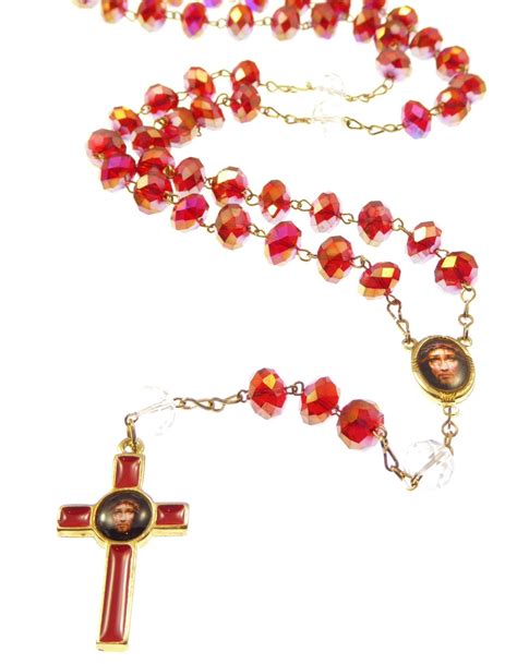 Precious blood of Christ red glass heart Sacred face of Jesus rosary beads