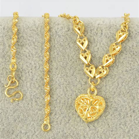 24K Yellow Gold Filled Womens Charms Heart Pendants Water Wave Chain Necklace | eBay