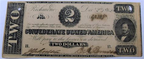 1862 US Confederate Currency $2 DOLLAR BILL VERY FINE