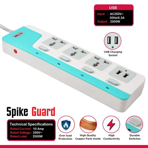 Ibell sg324x abs 3 way socket and 2 usb spike guard extension cord with individual switch led ...