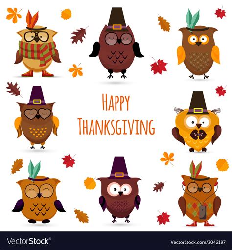 Thanksgiving day cute owl set Royalty Free Vector Image