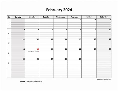 Free Download Printable February 2024 Calendar, large box grid, space for notes