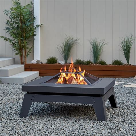 Real Flame Breton 37 in. x 20 in. Square Steel Wood-Burning Fire Pit in Gray with Spark Screen ...