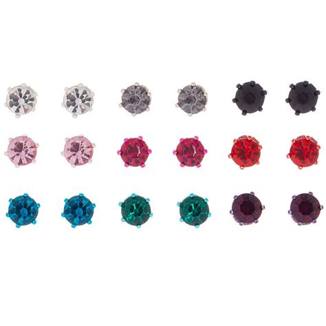 Silver Cool Tone Crystal Stud Earrings - 9 Pack | Claire's US