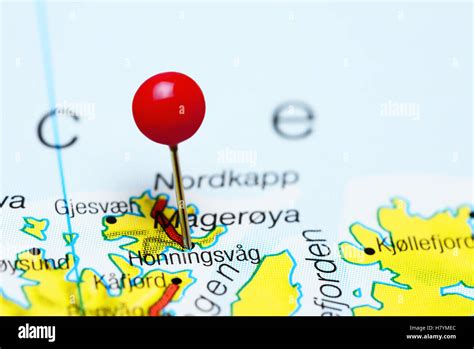 Honningsvag pinned on a map of Norway Stock Photo - Alamy