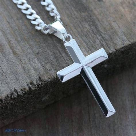 Sterling Silver Engraved Cross Necklace, Unisex Custom Silver Cross Necklace, Choose Chain, Men ...