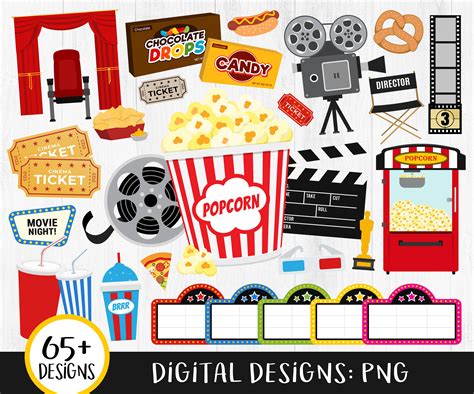 Drawing & Illustration Digital Popcorn Movie Night Ticket Digital ...