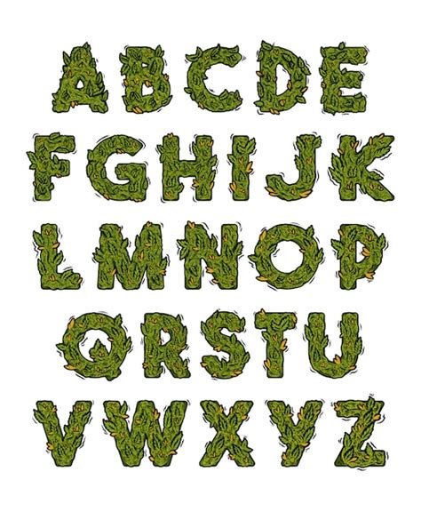 Green marijuana alphabet with fonts in weed, cannabis, hemp, buds stylization. | Premium Vector