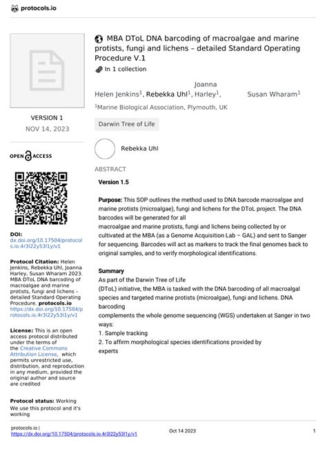 (PDF) MBA DToL DNA barcoding of macroalgae and marine protists, fungi and lichens – detailed ...