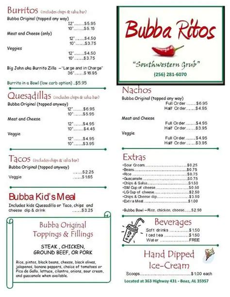 Menu at Bubba Ritos restaurant, Boaz, 363 US Highway 431