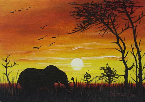 Elephant at Sunset Signed African Landscape Painting - Sunset at Mole Park | NOVICA