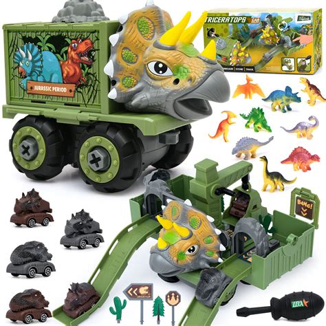 Toylink Dinosaur Toys for Kids 3-5 Take Apart Dinosaur Truck Carrier & Dinosaur Cars Race Track ...