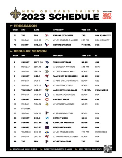 Update - Saints 2023 Schedule -- Printable PDF Attched | New Orleans ...