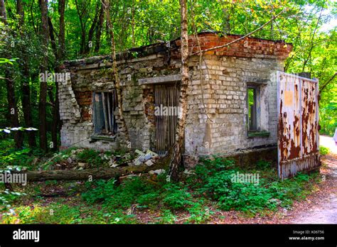 The old abandoned building of the checkpoint. Dead military unit. Consequences of the Chernobyl ...